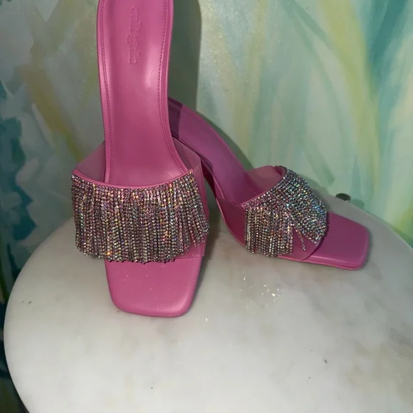 Cult Gaia Elegant Pink Heeled Mules with Rhinestone Fringe - Picture 9 of 9